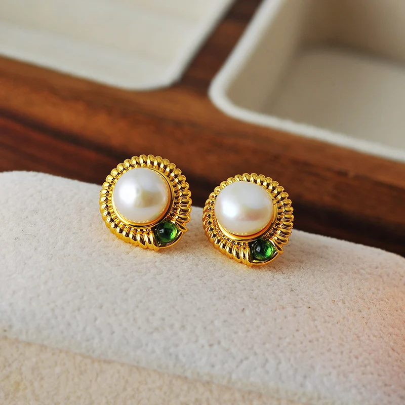 Pearl-Style Green Crystal Accent Stud Earrings, product view 2