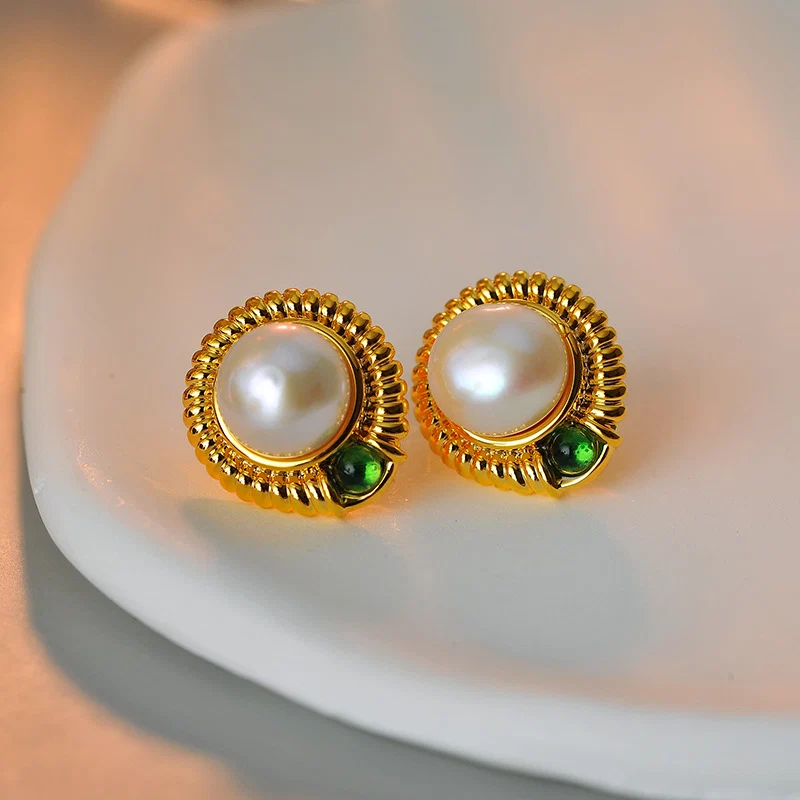 Pearl-Style Green Crystal Accent Stud Earrings, product view 3